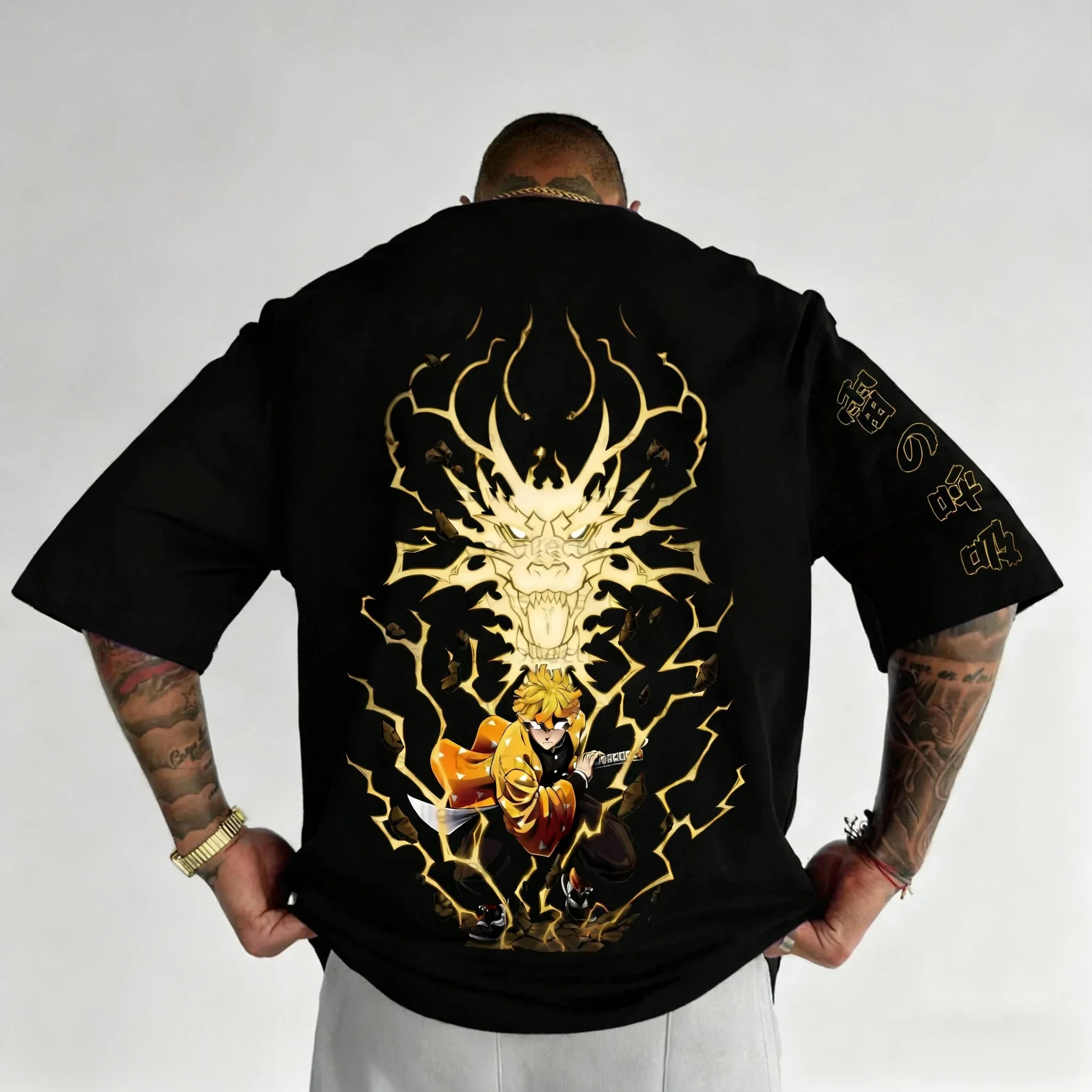 Demon Slayer Anime Agatsuma Zenitsu Baumwolle T-shirt Männer der Sommer Neue Amerikanische Hip Hop Trendy Casual Täglichen Y2K Eltern kind Top
