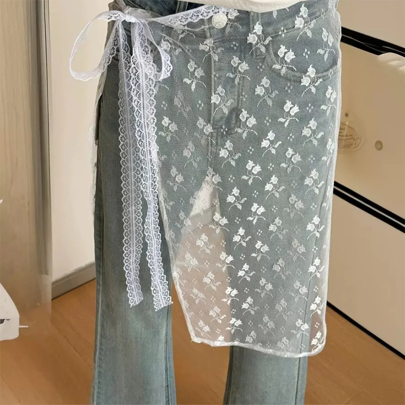 

Ins Spring Summer Korean Lace Open Skirt Lace Layered Gauze Skirt With Tie Up Spicy Girl Apron Ladies Skirts Y2k Girls