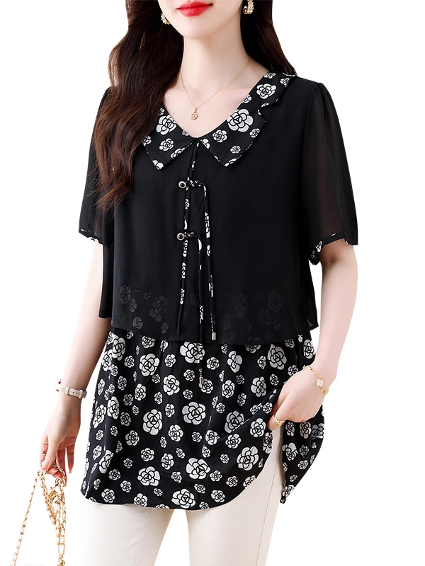 Été 2025 grande taille femmes col de poupée irt minceur rétro bouton épissage en mousseline de soie Anti-âge haut coréen Sle coupe ample