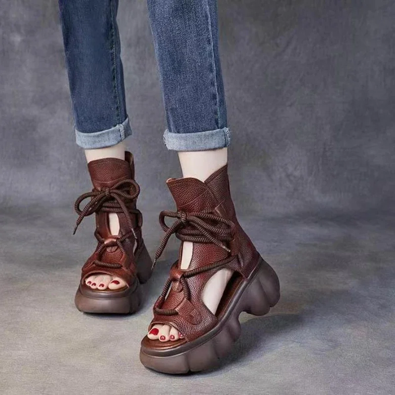 2024 New High Quality Women Sandals Handmade Retro Wedges Heel Sandals Ladies Summer Back Zipper Platform Roman Cool Boots