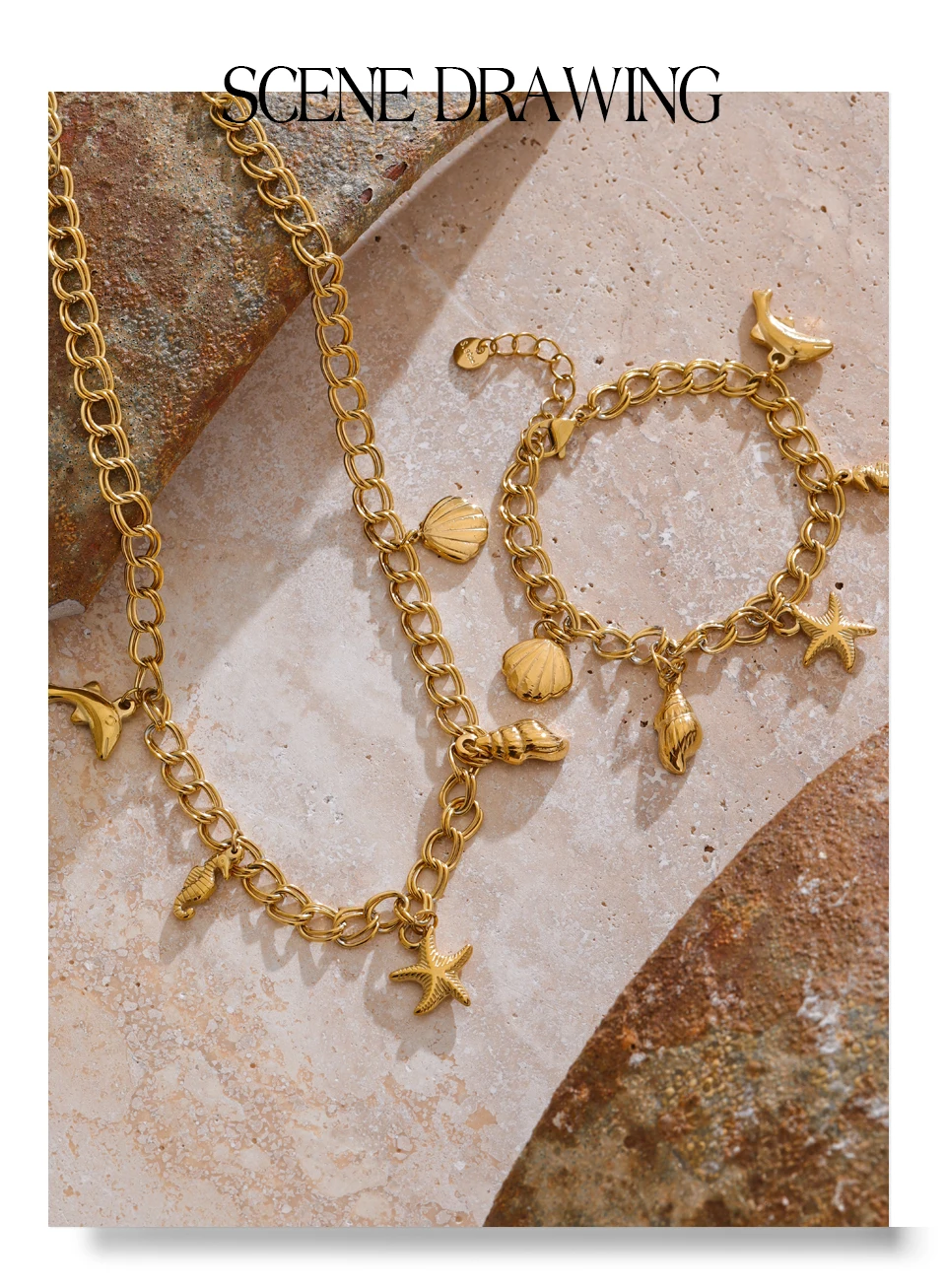 Yhpup Ocean Style Stainless Steel Seashell Conch Starfish Seahorse Drop Necklace Bracelet Bangle Waterproof Summer Daily Jewelry