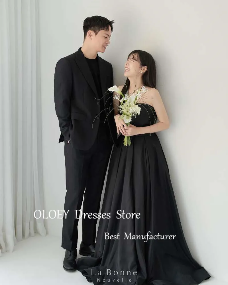 OLOEY Simple Black taffetà A Line abiti da sera corea Wedding photoboot Bolero Formal Party Dress Plus Size