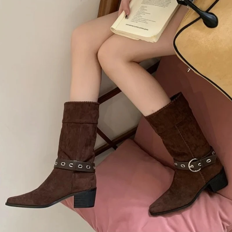 

Осень-зима, замшевые ботильоны для женщин, модный дизайн с пряжкой на ремне, рыцарские ботинки на массивном каблуке, женские повседневные уличные ковбойские сапоги
