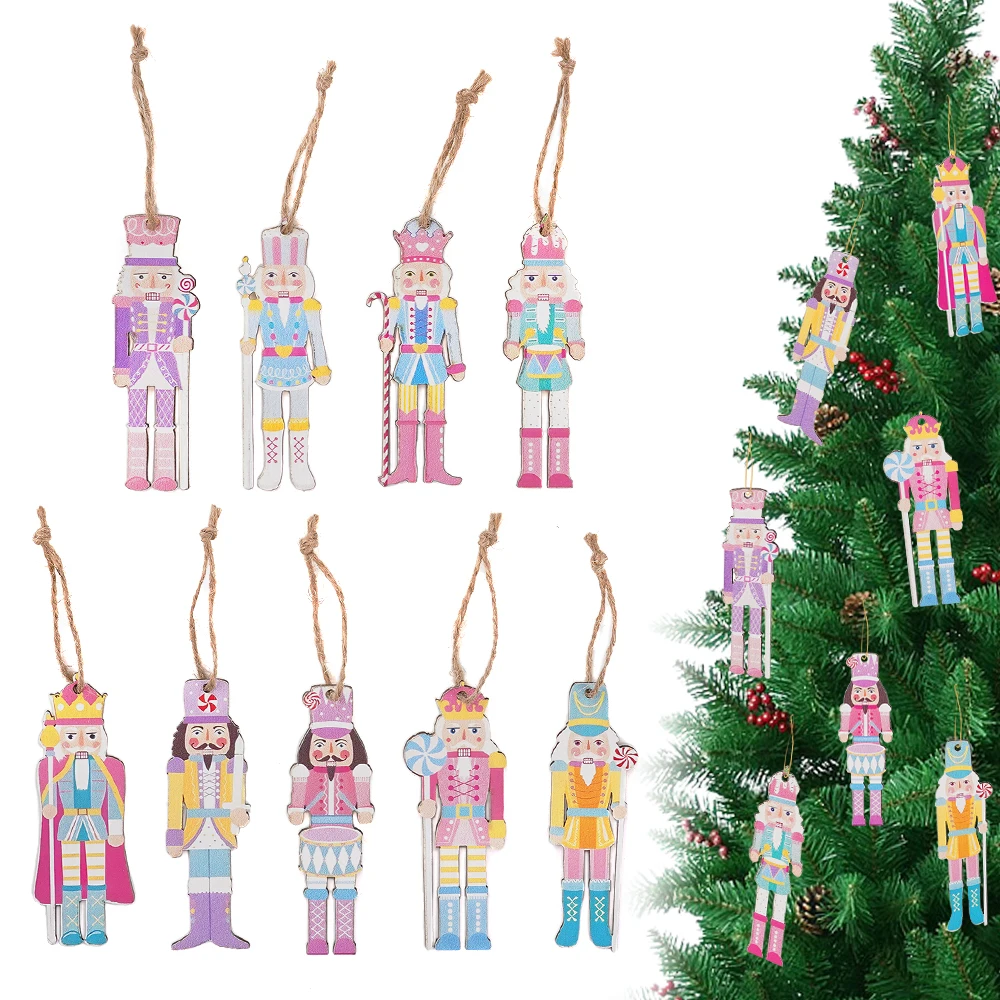 8cm 9Pcs/1Set Cute Pink Wooden Christmas Nutcracker Soldier Pendants 2025 Christmas Tree Ornaments Xmas Decor New Year