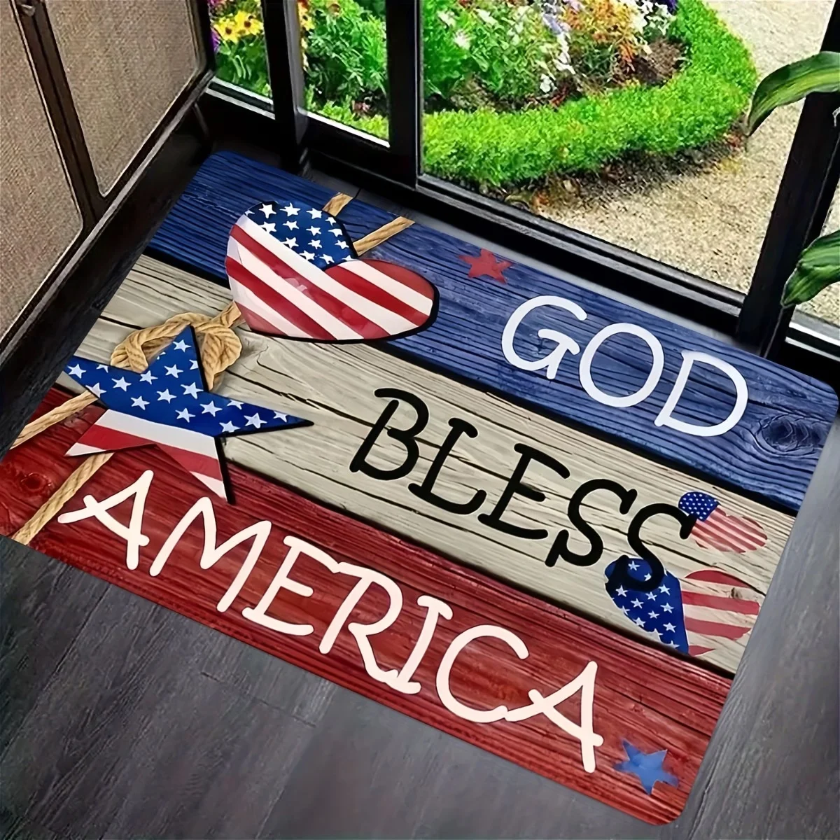 Patriotic Star Welcome Print Doormat American Flag Eucalyptus Design Non Slip Floor Mat for Home Decor