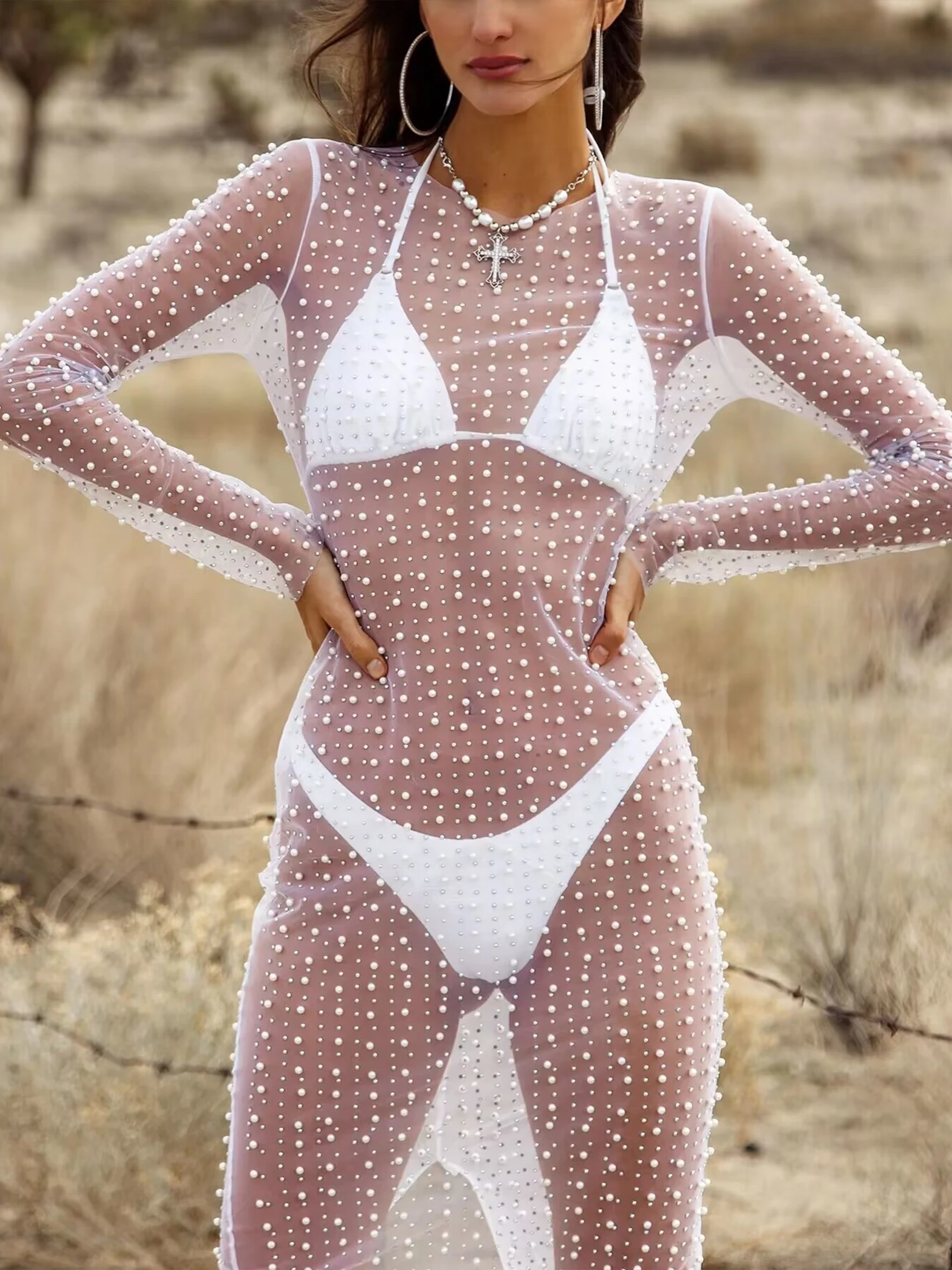 แฟชั่นเซ็กซี่ลูกปัด Rhinestone Smocked ตาข่ายชุดแขนยาว 2025 ผู้หญิงฤดูร้อน Elegant Party Maxi ชุด Sundress A3190