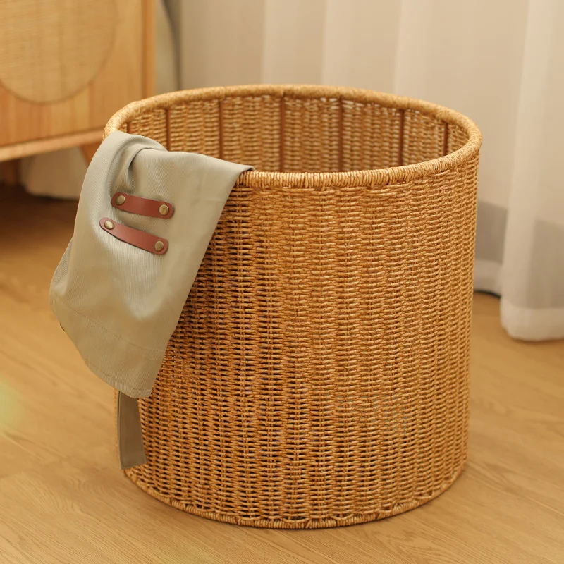 

Rattan-Style Round Storage Basket, Home Bathroom Laundry Hamper, Japanese Minimalist Plastic Wash Basket Handwoven