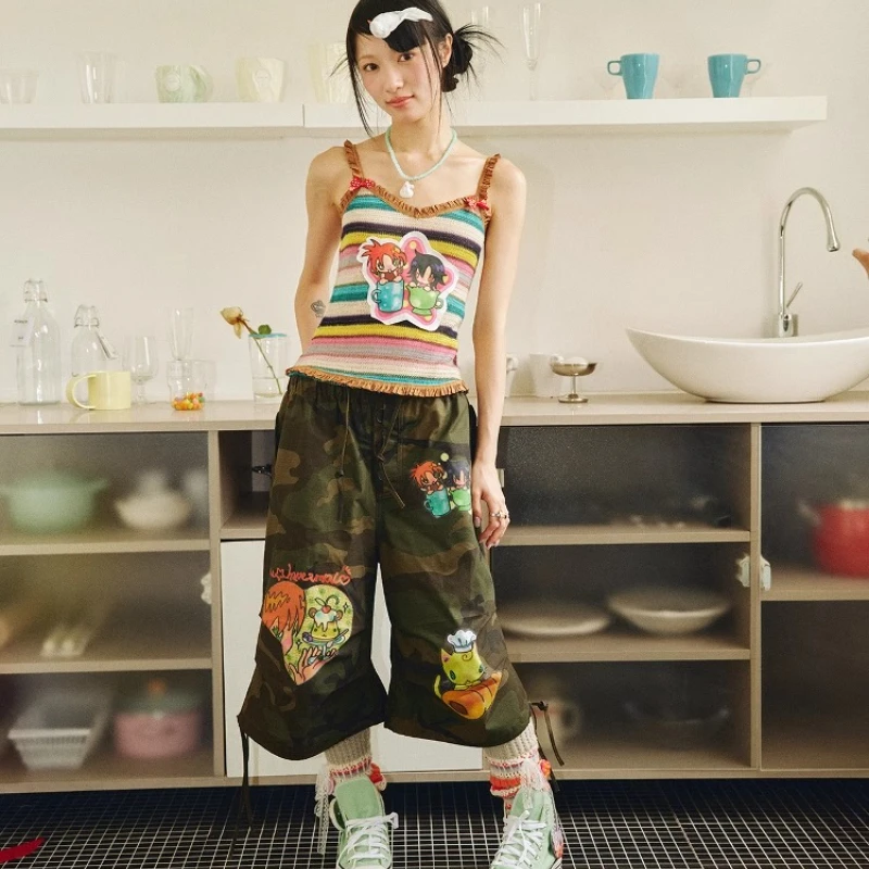 Summer Original Design New Women's Trousers Sweet Cool Cartoon Printing Camouflage Overalls Loose Thin Versatile Capris Ladies