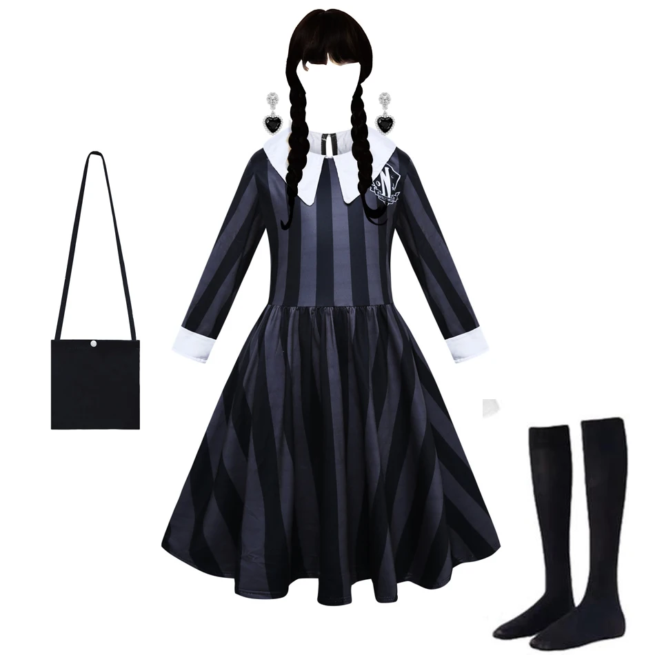 W-Wednesday Costumes for Girls Birthday Princess Costume Black Fancy Halloween Carnival Addams Cosplay Dresses for Kids