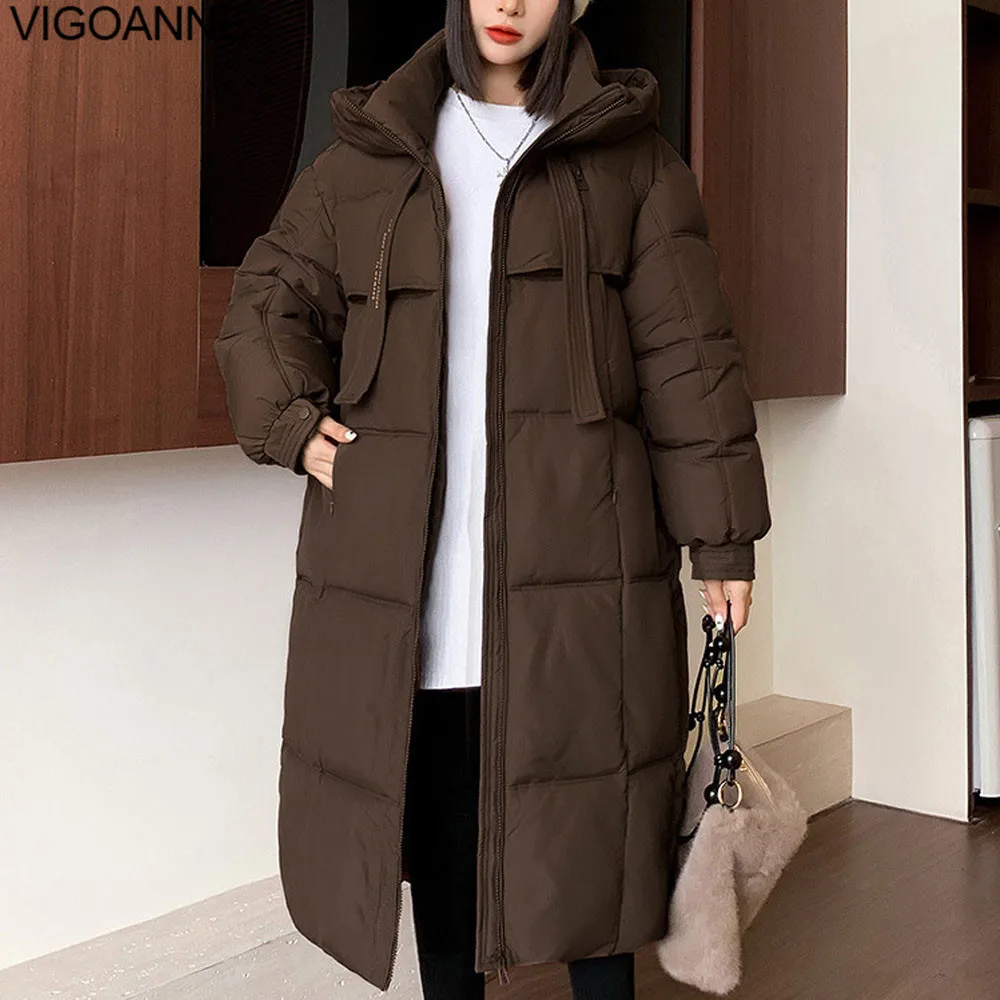 VigoAnne 2025 abrigo largo holgado liso con capucha para mujer, chaqueta coreana de invierno con bolsillo de manga larga y cremallera, prendas de vestir gruesas y cálidas para mujer