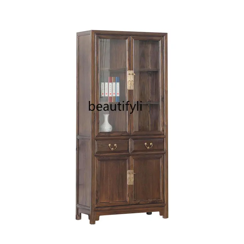 

New Chinese Style Study Furniture Old Elm Glass Bookcase Display Locker Antique Solid Wood Wine Cabinet Walnut glass cabinet