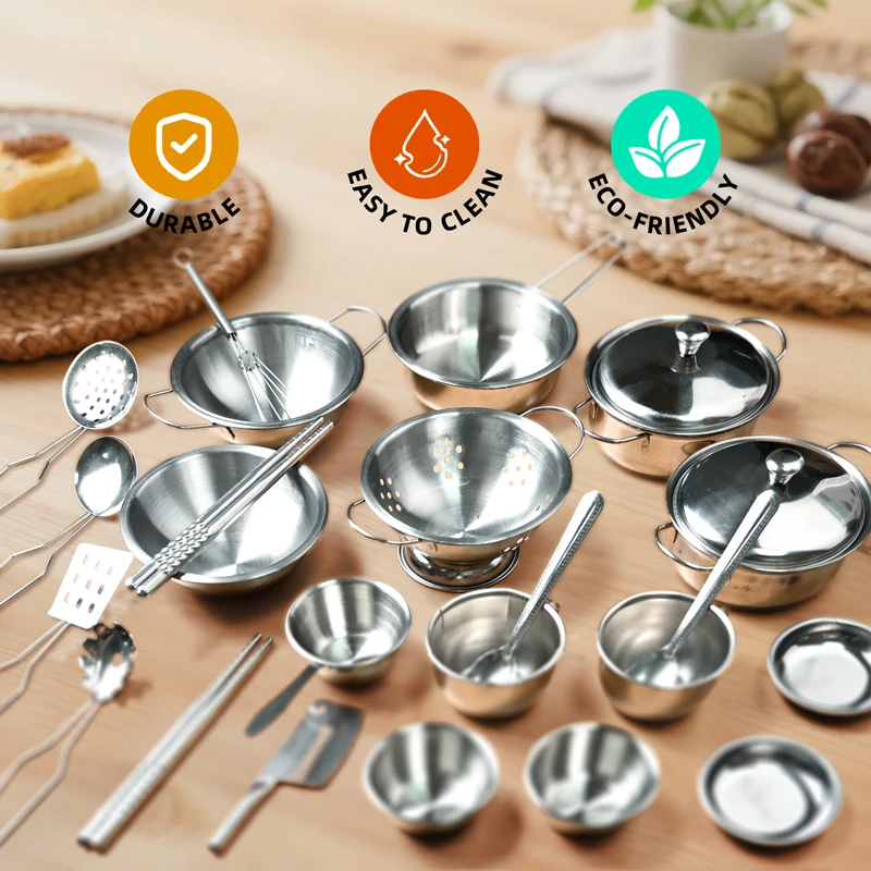 25PCS 스테인레스 스틸 주방 Playset 어린이 요리기구 주방 역할 놀이 교육 장난감 어린이를위한 소녀 소년 선물