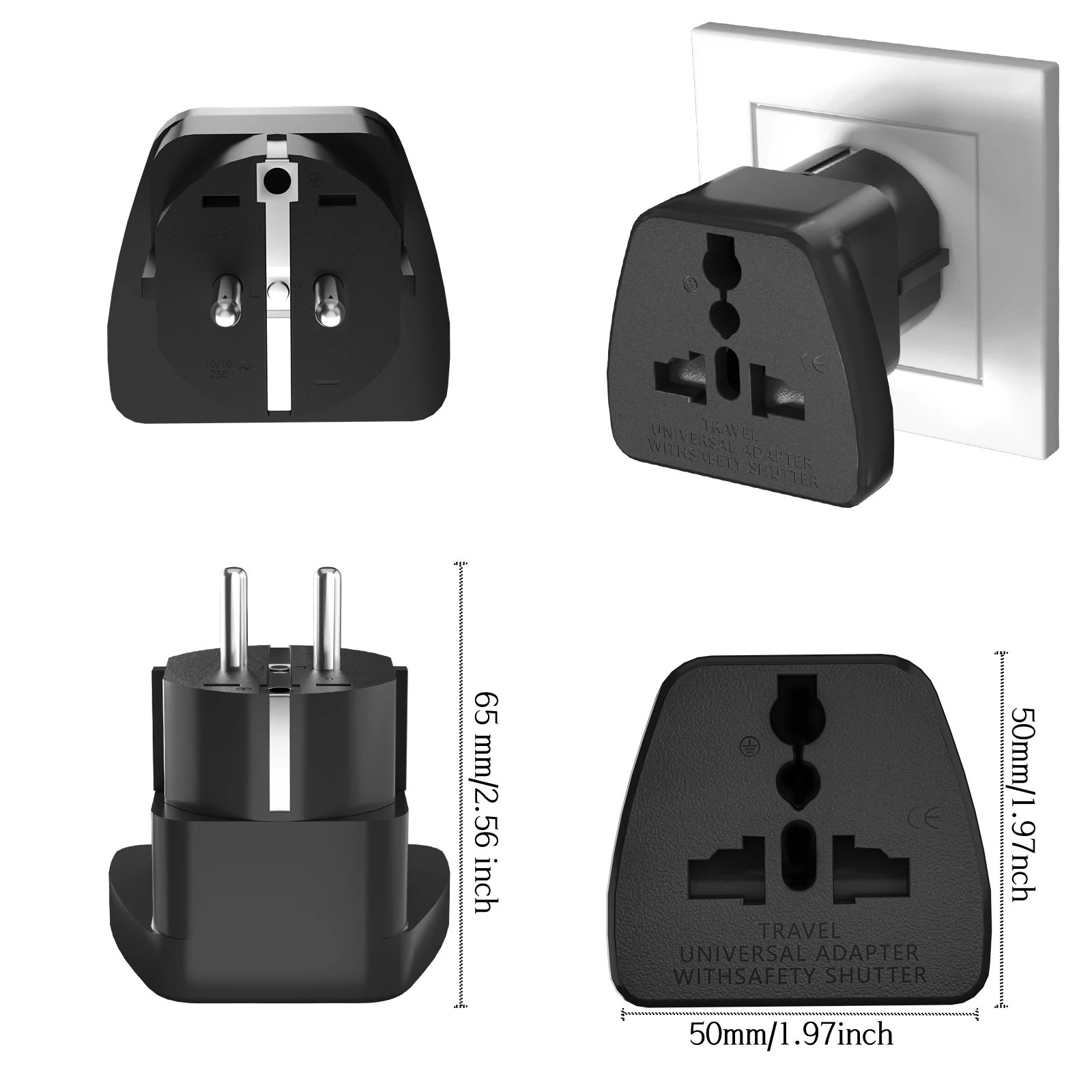 Eu/US/UK/Australia universal travel adapter plug with safety protection door, suitable for over 150 countries,110-250V