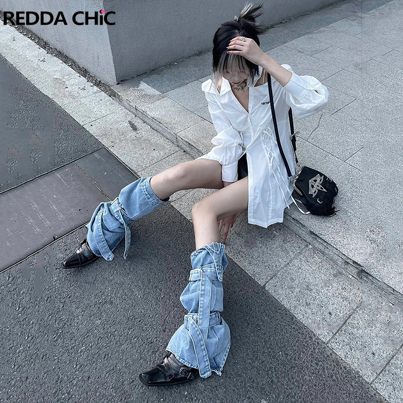 ReddaChic Asymmetric Denim Leg Warmers Women Pocket Belted Boots Cover Strappy Solid Blue Knee Long Socks Y2k Grayu Streetwear