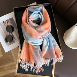 Imitation Cashmere Gradient Plaid Warm Shawl Winter Fashion Versatile Tassel Women Scarf Pashmina Wrap Neckerchief