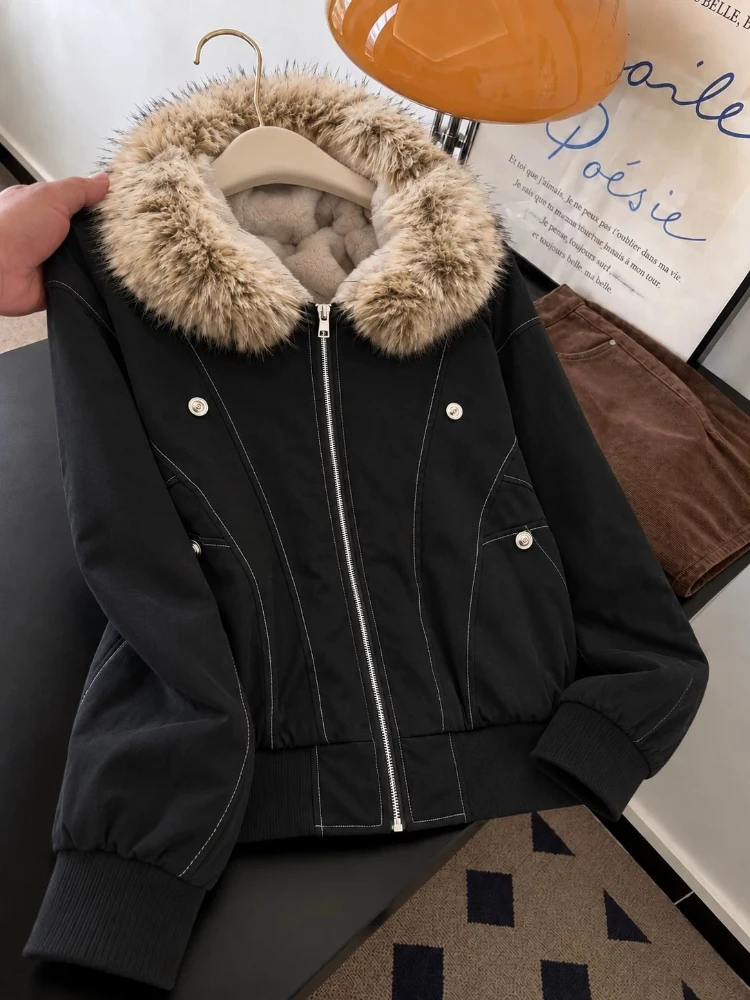 Coat Women Trendy Faux Fur Collar Large Lapel Zip Open 3D Pocket Cut Fleece Lined Slimming Daily Travel Outerwear Jacket