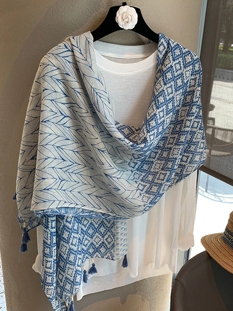 

Elegant Women Silk Scarf Wrap Shawl Blue Print Sunscreen Bandanas Hijab Mujer Lady Scarve Pareo Headscarf Travel Boho Fashion