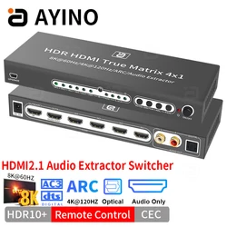 HDMI2.1 8K 4x1 Switcher Audio Extractor 4K@120Hz CEC HDMI-compatible Audio Converter Splitter Adapter to Optical RCA With Remote