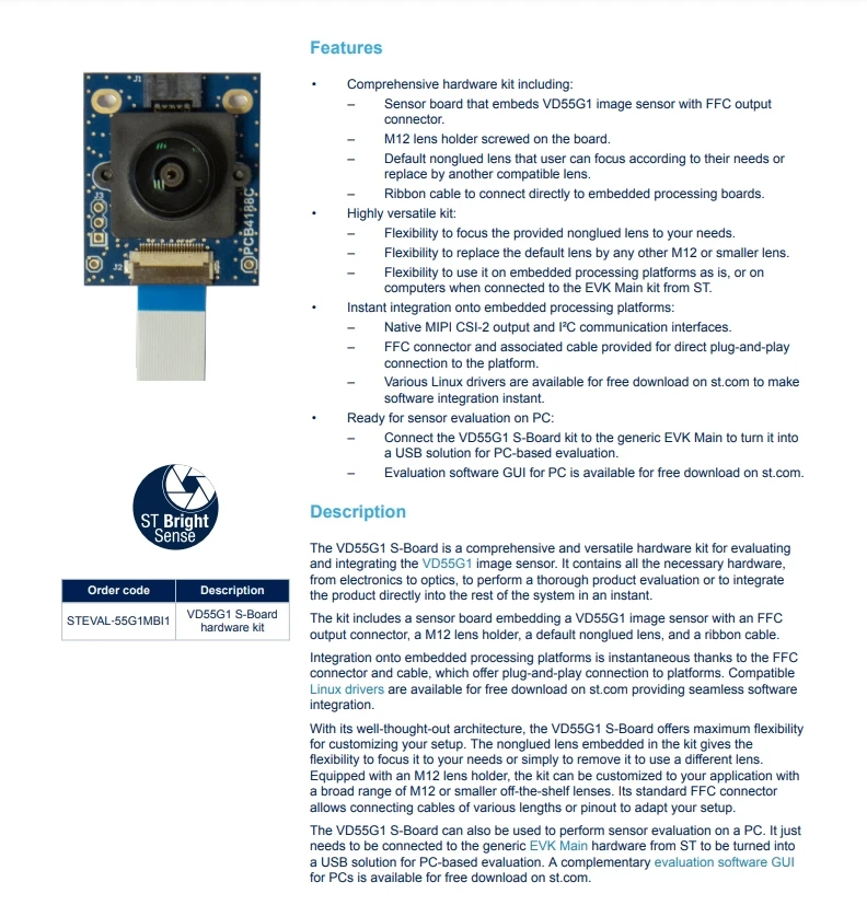 STEVAL-55G1MBI1 VD55G1 S-Board: Hardware MIPI CSI-2 kit integrating sensor on embedded platformsOptical Sensor Development Tools