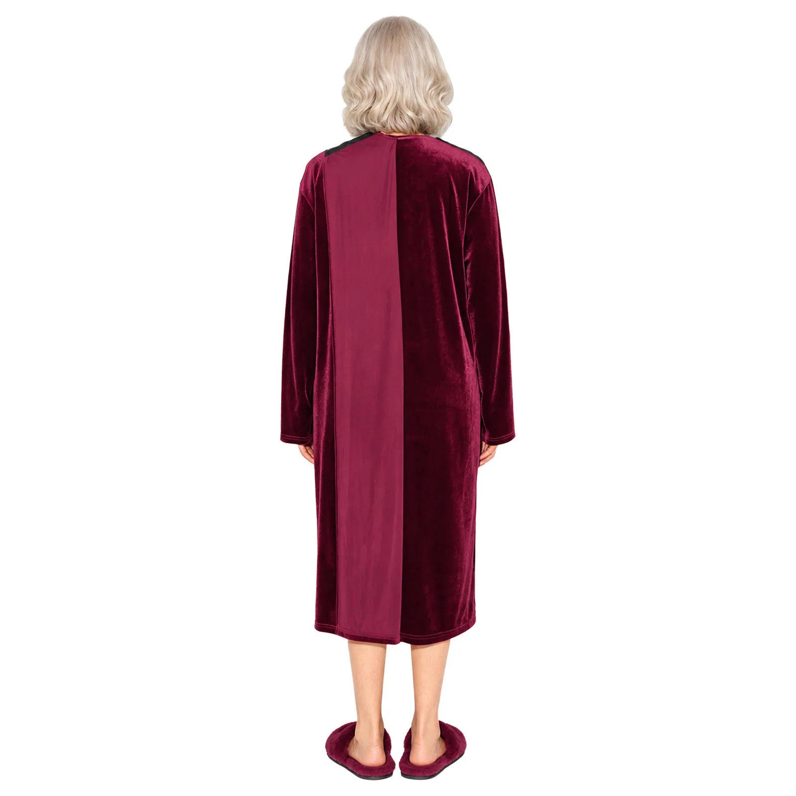 Women Warm Velvet Nightgown V-neck Long Sleeve Press Button Shoulder Open Back Nightdress with Pockets for Elderly Nursing