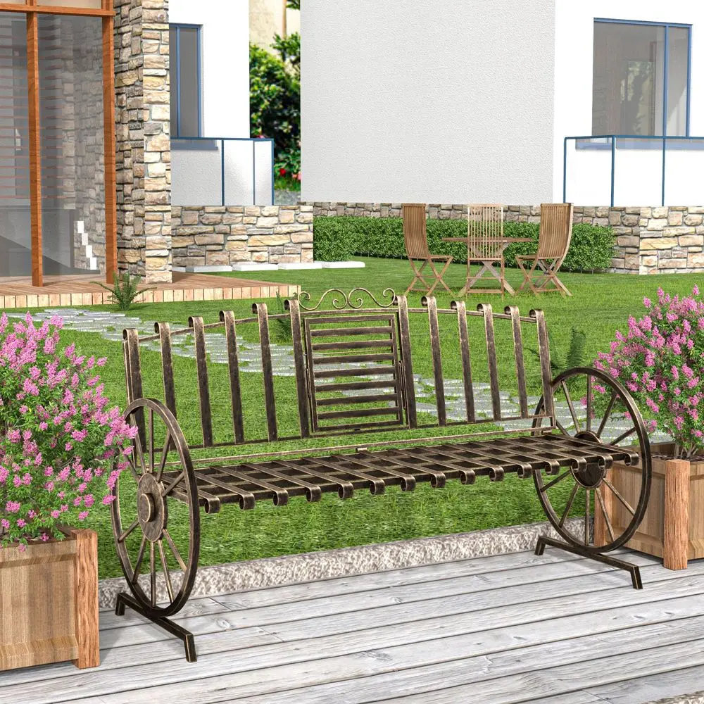 Factory Direct 2026 Bench Patio Outdoor Garden with Builtin Table, Wagon Wheel Arms, 3 People Outdoor Garden
