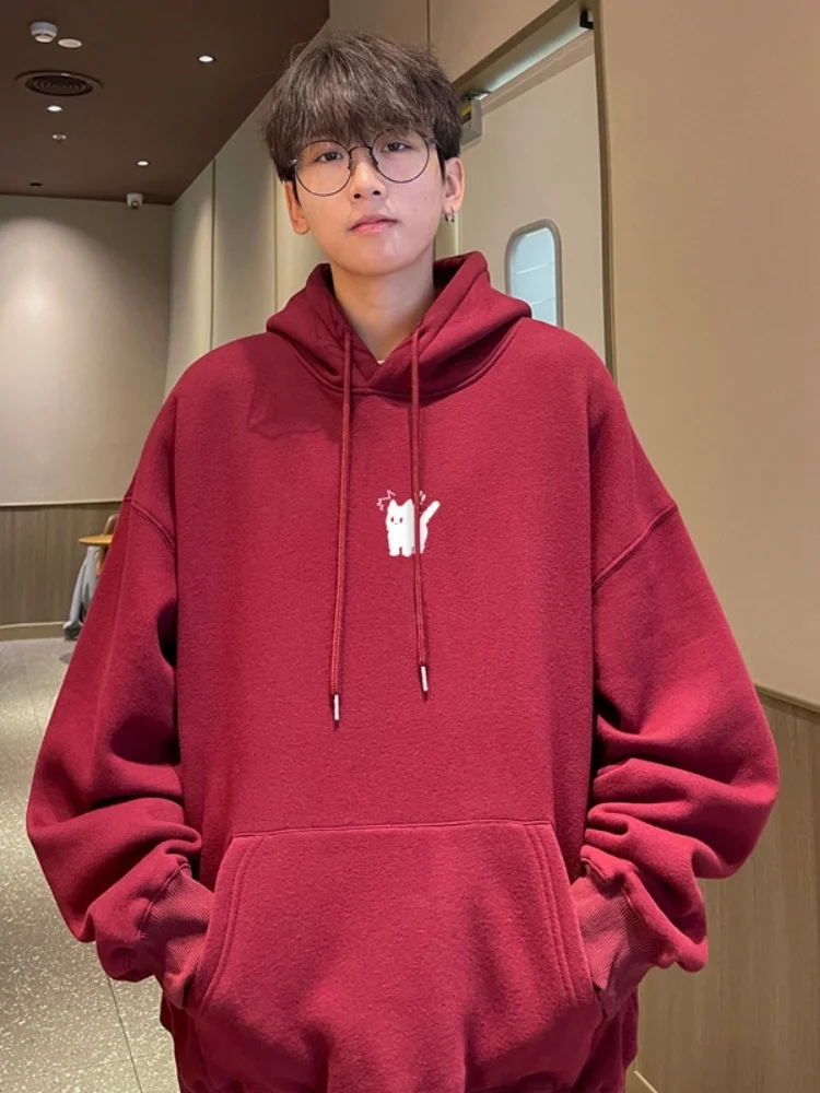 

Red Wine Color Hoodie Men's Spring Autumn 2024 New Pure Color Top Youthful Outerwear Casual Loose Fit Printed Polyester