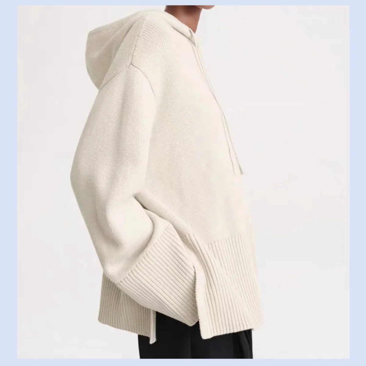 ゆったりとしたニットのワイドスリーブウール生地のドローストリング付きフード付きオーバーサイズニットセーター