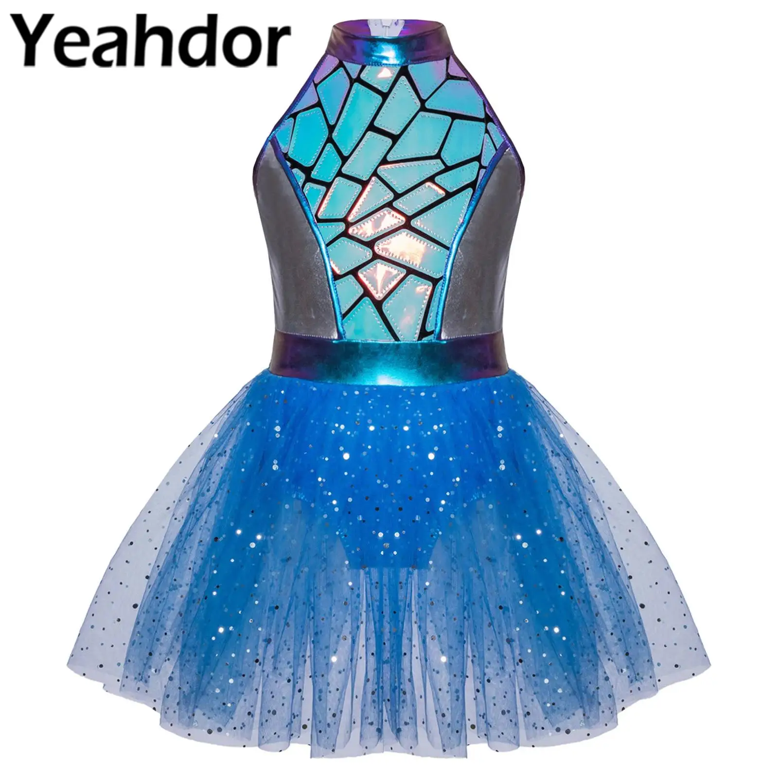 

Детский костюм инопланетянина для девочек на Хэллоуин, косплей, праздничное платье с блестками, металлическая бретелька на шее, сетчатая пачка без рукавов, карнавальное платье