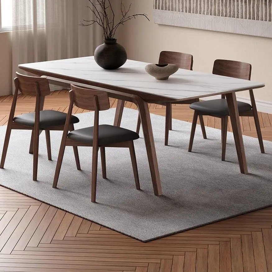 Solid wood rock slab rectangular walnut household pewter dining table and chair combination