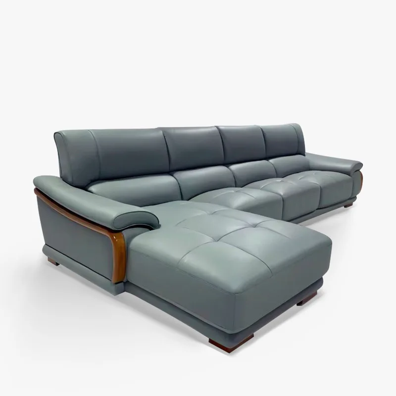 

Leather concubine corner sofa modern light luxury solid wood armrest minimalist first layer yellow cowhide living room