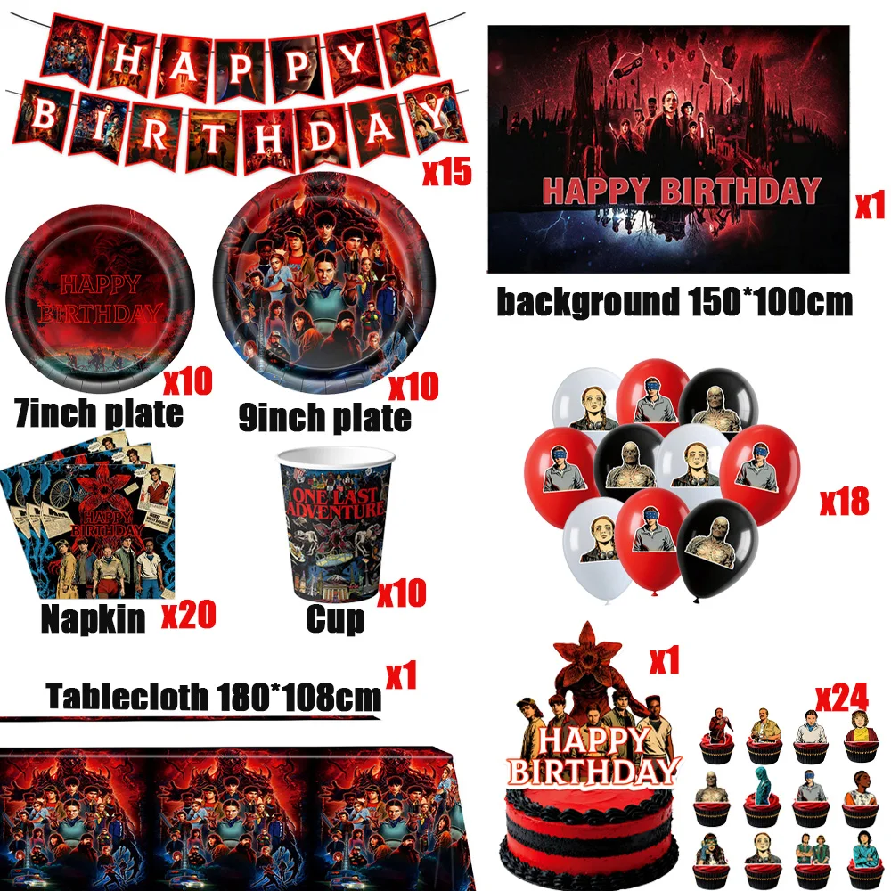 Horror-Themenparty-Dekorationen: Teller, Becher, Servietten, Geburtstagsbanner und Partyzubehör im Stil des beliebten Films „Strangers Things“ – Detail 6