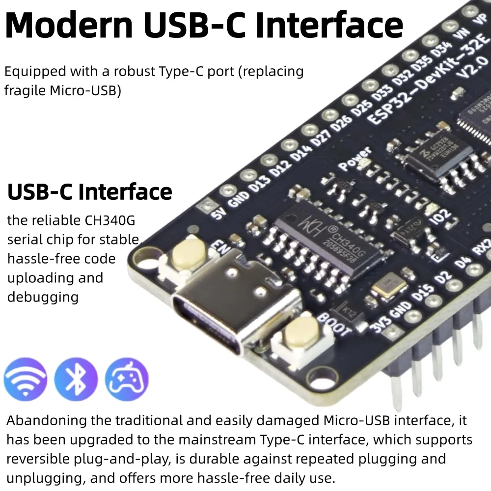 Upgraded ESP32 Development Board with USB-C Port, Equipped ESP32-D0WD-V3 Chip and 4MB Flash, 2.4GHz WiFi + BLE & Classic Bluetoo