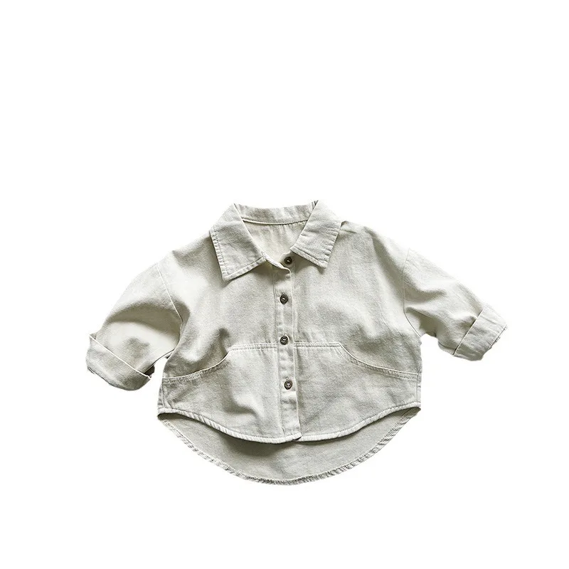 Kids Lapel Short Sleeve Shirt Button Front Pocket Design Irregular Hem Casual Blouse Boys Girls