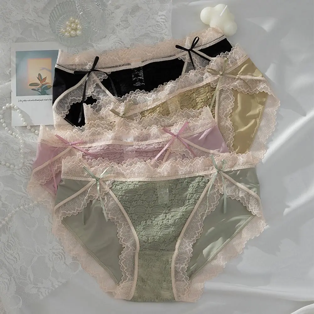 Underpants Bow Transparent Mesh Briefs Middle Waist Jacquard Female Lingerie Women Thong Lace Panties Traceless Panties