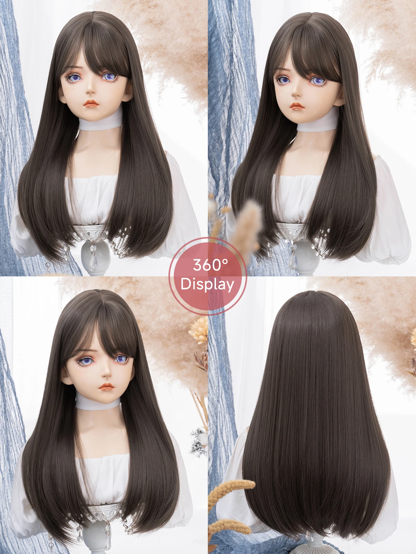 24 inch mokka bruin kantoor meisje synthetische pruiken met pony medium steil haar pruik voor vrouwen dagelijks gebruik cosplay hittebestendig