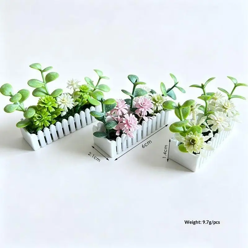 Mini Artificial Potted Flower Plants With White Fence Dollhouse Flower Potted Model Decor Dolls House Micro Landscape Ornament