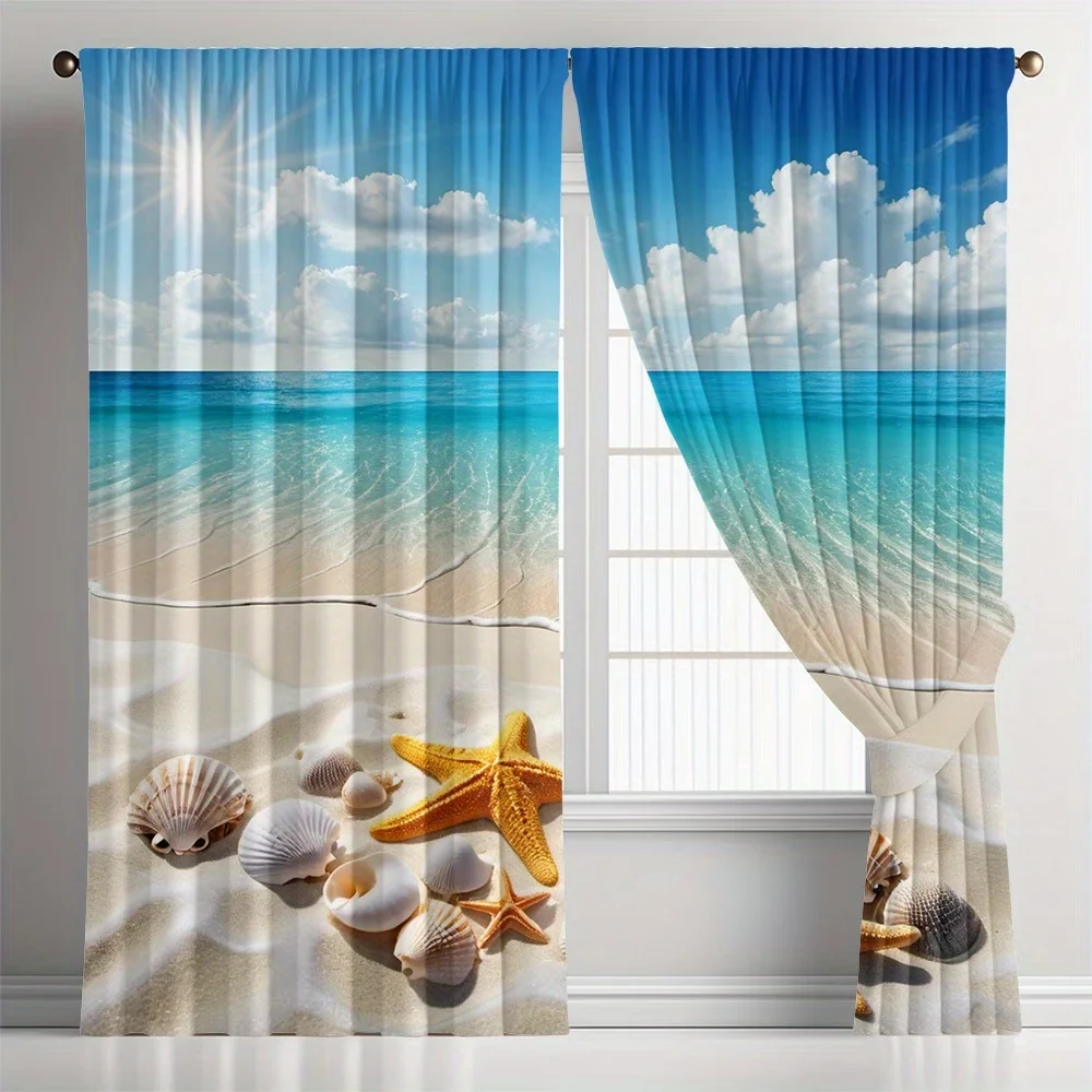 2PCS Digital Printed Curtains, Conch Shell Beach Nautical Ocean Collection, Window Drapes for Living Room Bedroom Home Decor