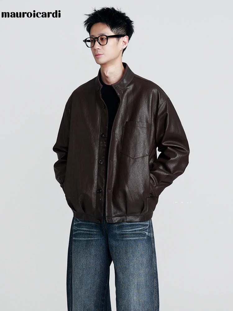 Mauroicardi Spring Autumn Brown Short Black Pu Leather Jacket Men Buttons Zipper Loose Casual Korean Fashion Menswear Clothes Mauroicardi Spring Autumn Brown Short Black Pu Leather Jacket Men Buttons Zipper Loose Casual Korean Fashion Menswear Clothes