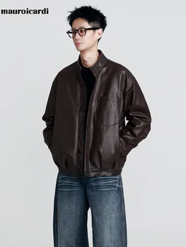 Mauroicardi Spring Autumn Brown Short Black Pu Leather Jacket Men Buttons Zipper Loose Casual Korean Fashion Menswear Clothes