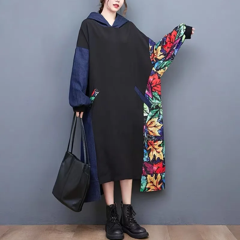 2025 Spring New Elegant Patchwork Printed Hooded Loose Long Dress Women Long Sleeve Dress Female Wholesale J655