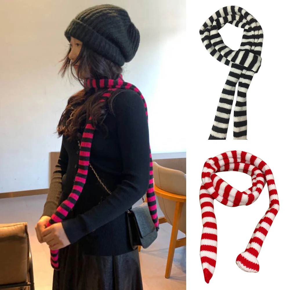 Y2K Black And White Striped Scarf Harajuku Knitted Slim Narrow Women\'s Scarves Decoration Thickened Neck Warmer Long Tie Scarf