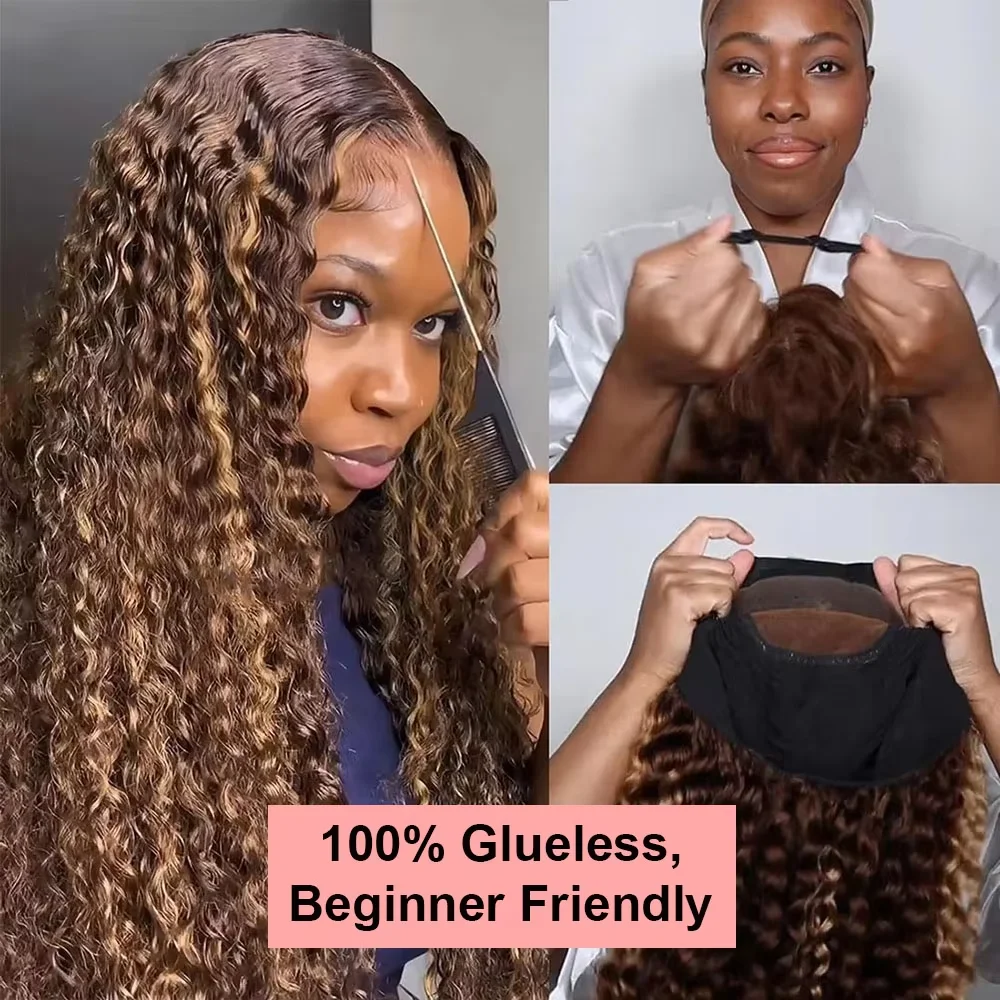 

250 Density 7x5 Deep Wave Glueless Wig Human Hair Ready To Wear 13x6 Lace Frontal Curly Highlight Ombre 4/27 Preplucked Hairline