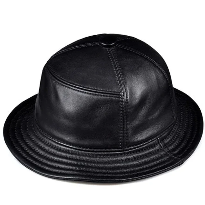 

Korean Fashion ACC Unisex Genuine Leather Bucket Hats Men Women Casual Fishing Caps Male Fitted Black Basin Cap Sombrero Mujer