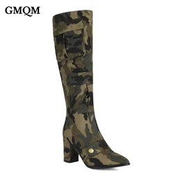 GMQM Fashion Women‘s The Knee Boots New Chunky High Heels Camouflage Army Green Shoes Knee High Boots Pocket Black  Jeans Boots