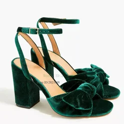 Green Velvet Knotted Peep Toe Sandal Ankle Tie Block Heels Ankle Strap Summer Shoes Woman Ankle Wrap High Heel Party Shoes