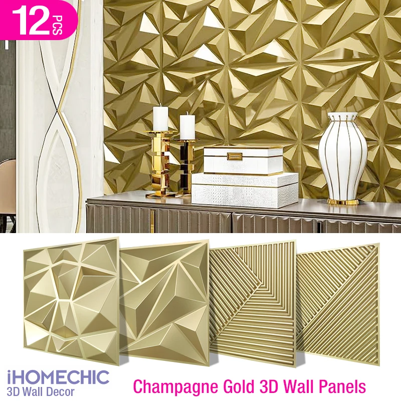 12pcs 30x30cm 3D Wall Panel Shining Gold Champagne gold color 3D Wall Sticker Wedding party background wall art Wood grain paper