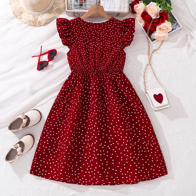 Kids Summer Girl 8-12 Years Old Red Sleeveless Flying Sleeve Polka Dot V-neck Waist Dress Simple Temperament Fashion Daily Style