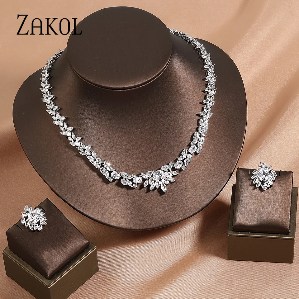 ZAKOL Luxury White Water Drop Cluster Zirconia Jewelry Sets For Women Shinny Earrings Necklace Set Bridal Wedding Drees Gift