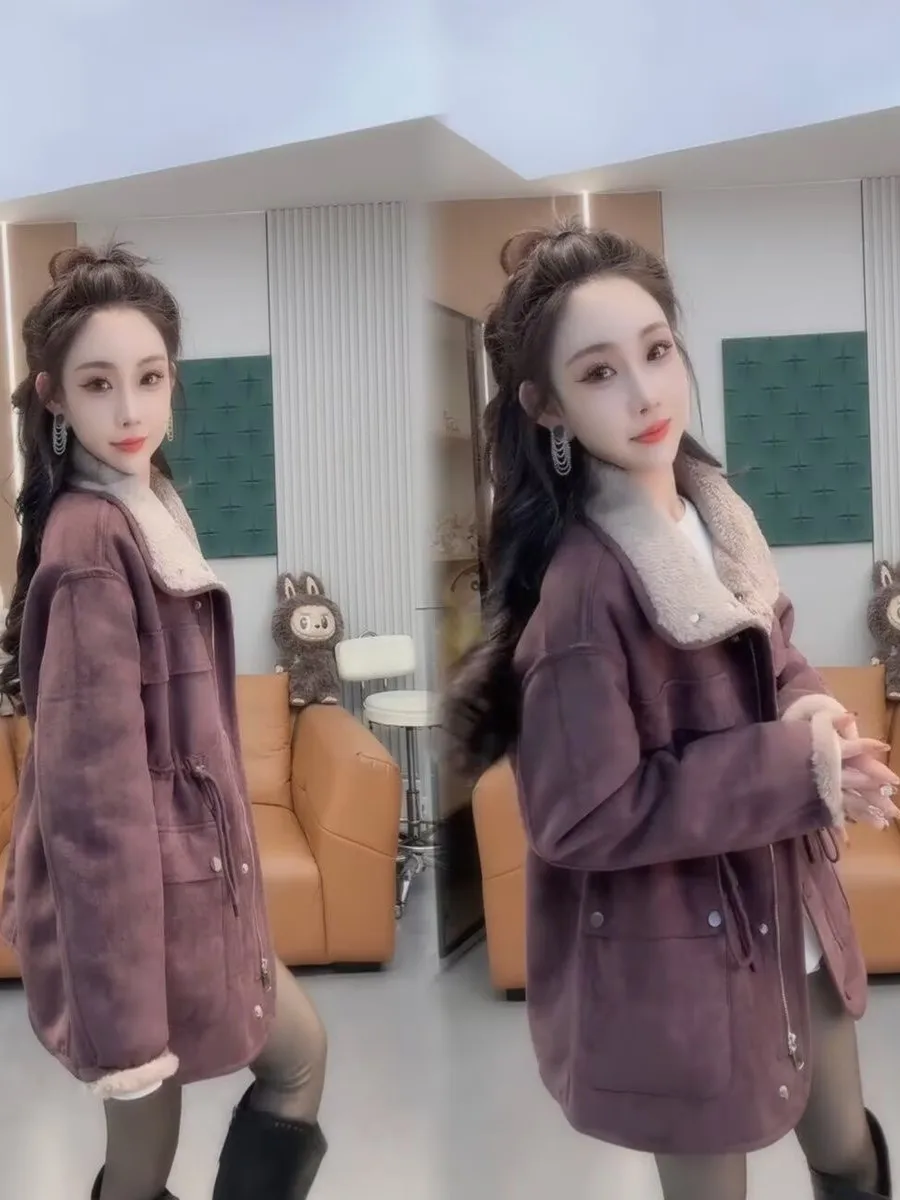 Ele Faionable leer en bont geïntegreerd herfst winter nieuwe Sle middellange bovenkleding voor dames luxe Sle lange sl...