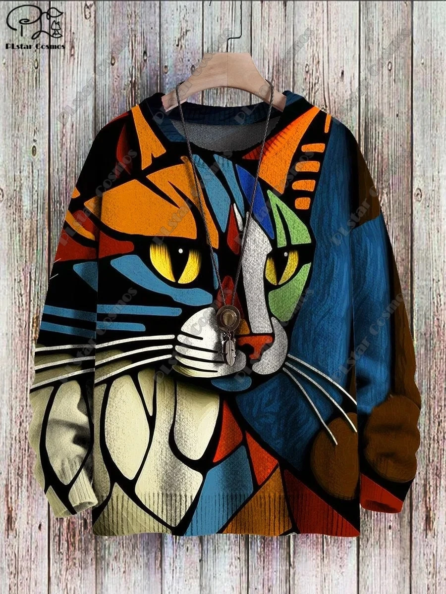 3D Printed Animal Series Retro Cute Cat Patterned Ugly Sweater Casual Unisex Winter Sweatshirt M-3